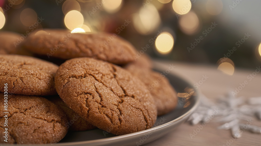 Fototapeta premium Plate of ginger cookies on wooden table with blurred festive lights in background. Cookies have a cracked surface, highlighting their texture and holiday spirit