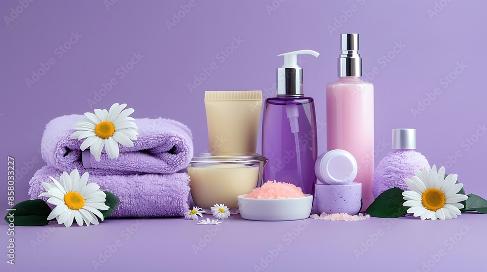 Collection of spa and bodycare cosmetics isolated on purple background Collection of spa and bodycare cosmetics isolated on purple background