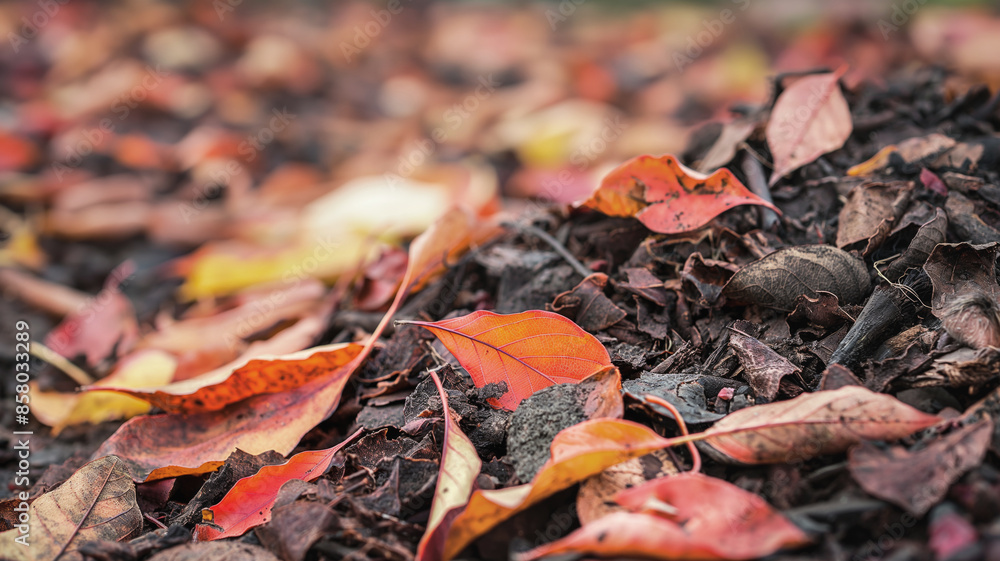 Colorful autumn leaves scattered on ground with rich soil. Close up view highlights textures and vibrant colors in natural serene setting Colorful autumn leaves scattered on ground with rich soil. Close up view highlights textures and vibrant colors in natural serene setting