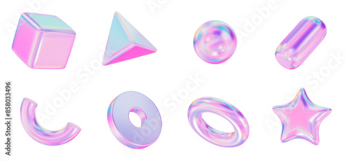3d set holographic geometric shape: square, sphere, pyramid, torus, star, icosphere, disk, capsule. Metal simple figures for your design on isolated background. Stock vector illustration on isolated b