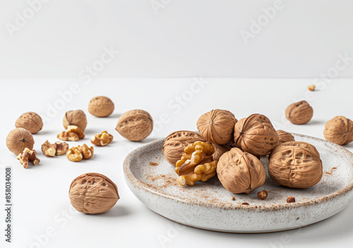 Walnuts on a plate on white background