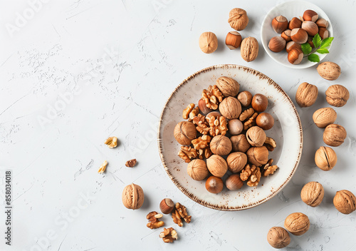 Mix of nuts on a white plate
