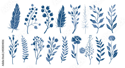 Set of isolated floral illustration with flowers, branches, berries, feathers, leaves and cute elements in simple plain graphic style on transparent background. Dark blue color tone.