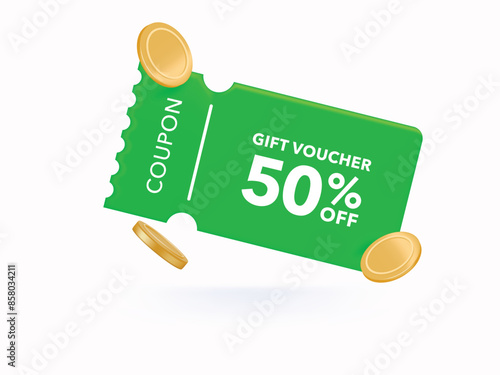 3D Gift voucher with green coupon. For sales and Discount online purchases. Percentage label with gold coin isolated background. 3d rendering.