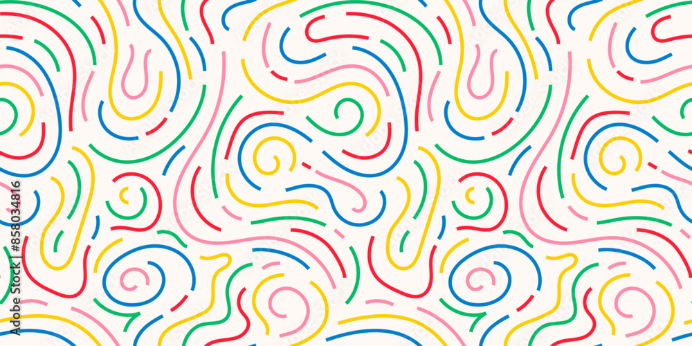 Fototapeta premium Colorful line doodle seamless pattern. Creative minimalist style art background, trendy design with basic shapes. Modern abstract color backdrop. 