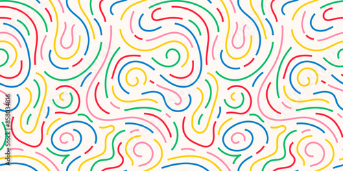 Colorful line doodle seamless pattern. Creative minimalist style art background, trendy design with basic shapes. Modern abstract color backdrop. 