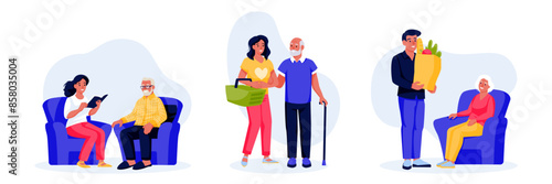 Senior person assistance. Set of vector flat cartoon illustrations. Support and care for elderly people. Social work, volunteering concept