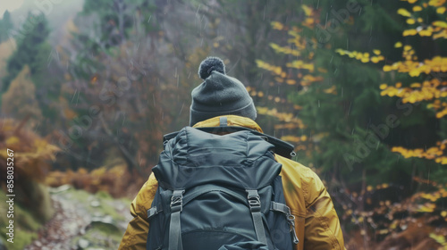 Hiking man with backpack on mountain trail, exploring nature for fitness, with AI generative. photo