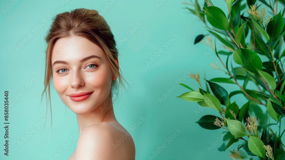 Close up shot of beautiful woman applying face cream on cheek while posing nude against green color background. Beauty care concept. Cosmetic product. Natural beauty. Close up shot of beautiful woman applying face cream on cheek while posing nude against green color background. Beauty care concept. Cosmetic product. Natural beauty.