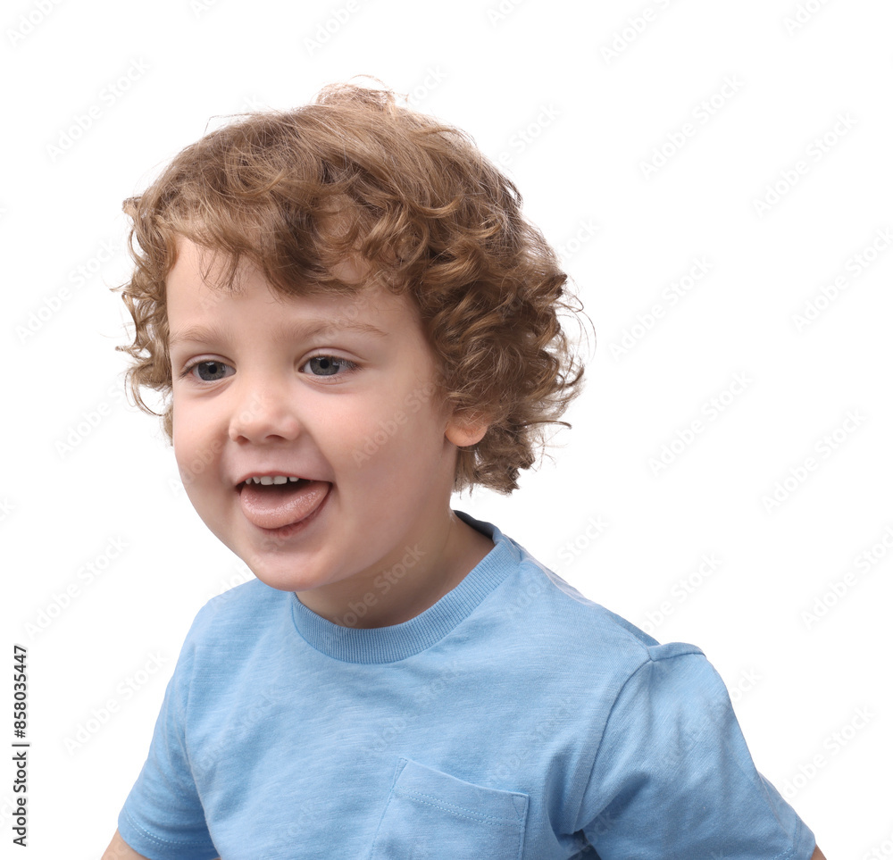 Portrait of cute little boy showing tongue on white background Portrait of cute little boy showing tongue on white background