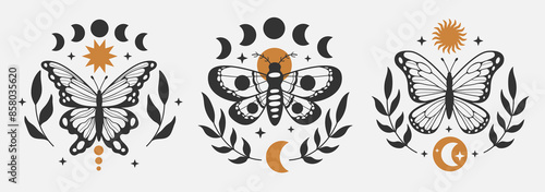 Set of mystical outline butterfly moth with moon. Graphic mystical and magical black print. Decor element