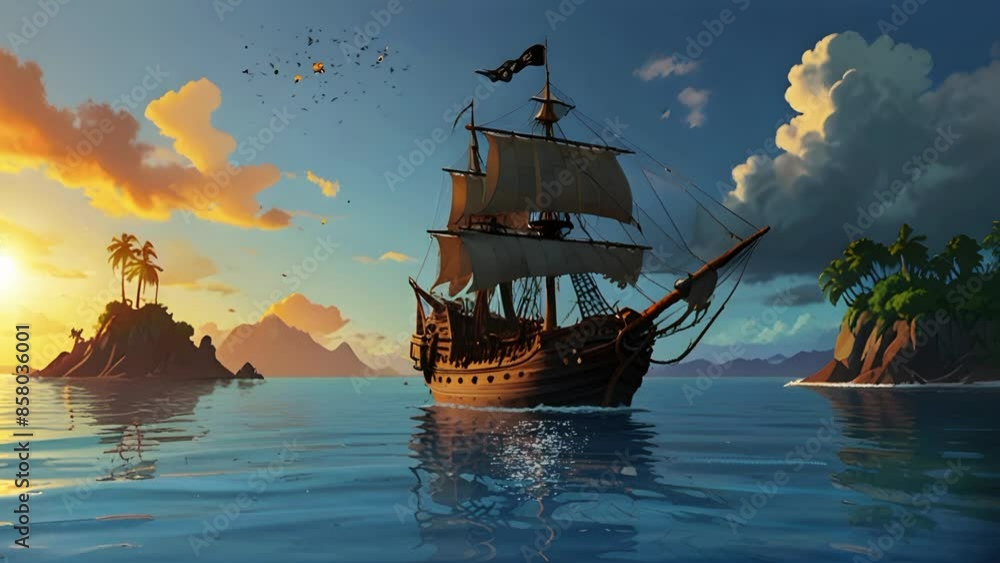 Pirate ships sailing on the sea past cliffs and big waves. Seamless looping 4k video animation Pirate ships sailing on the sea past cliffs and big waves. Seamless looping 4k video animation