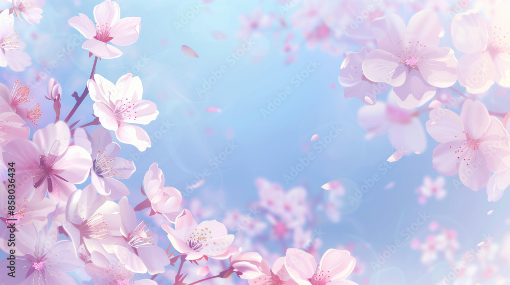 Dreamy cherry blossom branches against a soft blue sky with copy space Dreamy cherry blossom branches against a soft blue sky with copy space