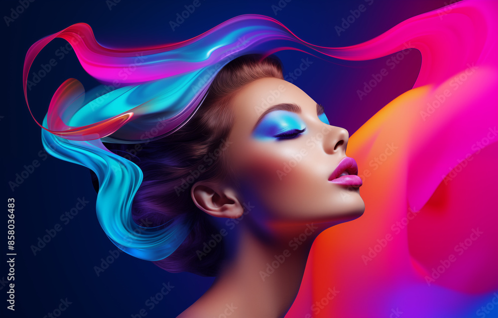 Woman face concept poster. Beautiful girl face creative abstract banner. Graphic design photorealistic style. Style of realistic glamour fashion photography. Digital illustration. AI artwork. Woman face concept poster. Beautiful girl face creative abstract banner. Graphic design photorealistic style. Style of realistic glamour fashion photography. Digital illustration. AI artwork.