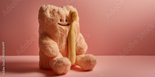 Fluffy tooth plushie with a Kawaii smiling face and a toothbrush. Healthy cute tooth soft toy.  photo