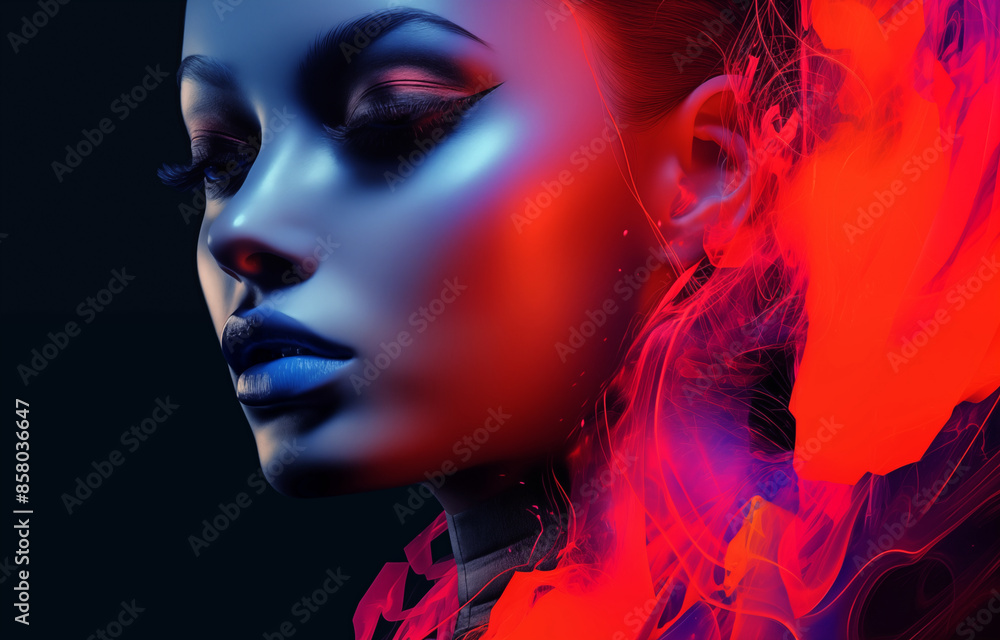 Woman face concept poster. Beautiful girl face creative abstract banner. Graphic design photorealistic style. Style of realistic glamour fashion photography. Digital illustration. AI artwork.	