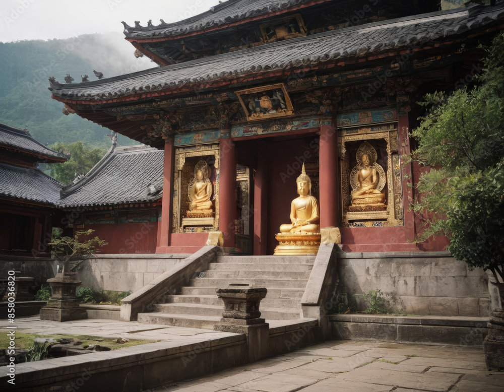 Un monastero tibetano con numerosi stupa decorati e colorati.
Un monastero tibetano con numerosi stupa decorati e colorati.