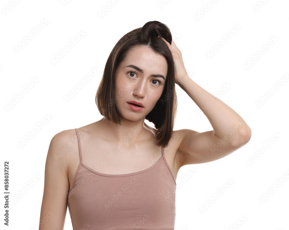 Sad woman with hair loss problem on white background Sad woman with hair loss problem on white background