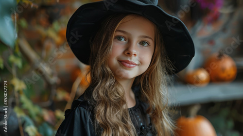 Smiling young girl wearing a witch costume. The background is decorated with pumpkins and autumn foliage, creating a festive Halloween scene © mikeosphoto