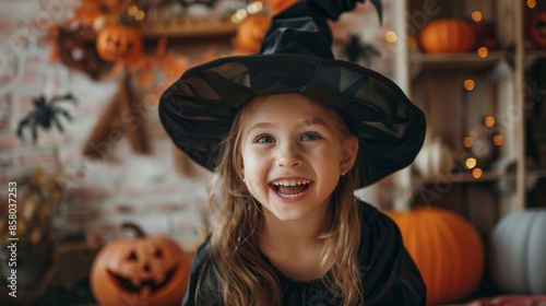 Joyful young girl in a witch costume, surrounded by Halloween decorations. The festive indoor setting includes glowing jack-o'-lanterns, spiders, and autumn elements