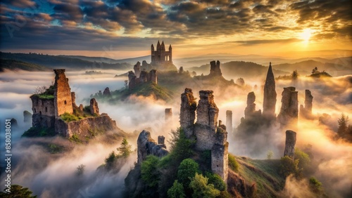 Misty dawn breaks over ancient, crumbling spires and shattered battlements, shrouded in eerie fog, as a vacant, rugged landscape stretches towards a foreboding, dark horizon. photo