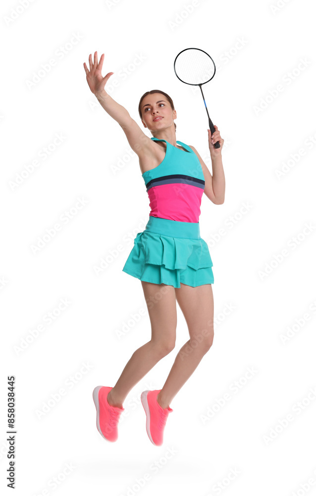 Young woman playing badminton with racket on white background Young woman playing badminton with racket on white background