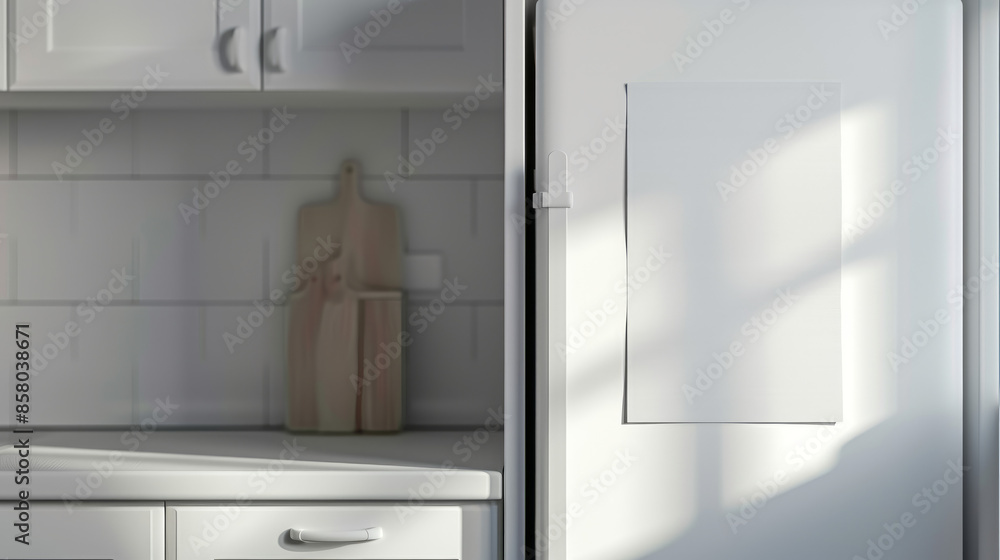 A blank sheet of paper is attached to the refrigerator door. A blank sheet of paper is attached to the refrigerator door.