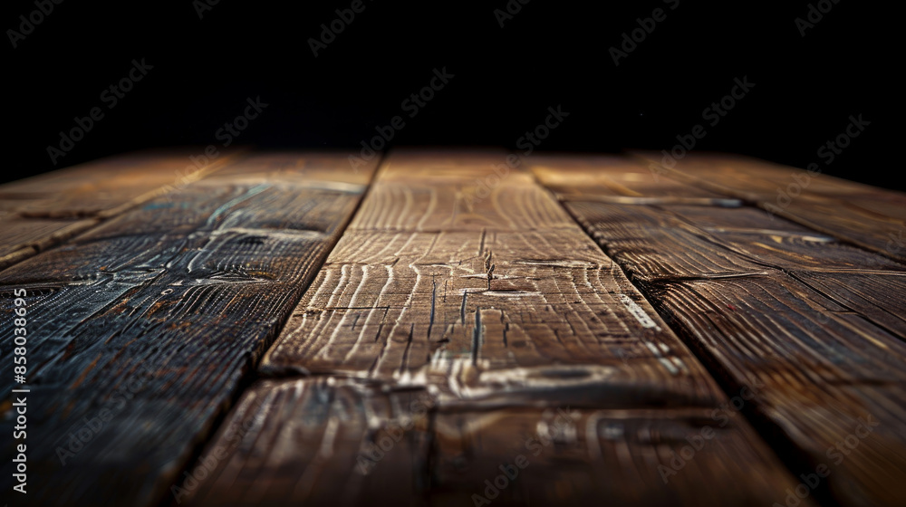A brown wooden table rests on a black background.