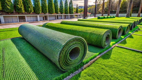 Aerial view of a newly installed artificial turf, vibrant green synthetic grass rolls out on a prepared surface, filled with tiny rubber infill granules.