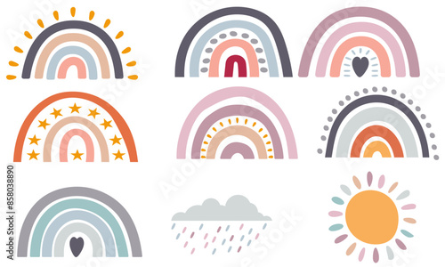 Boho style weather graphics with rainbows, raincloud and the sun isolated on white or transparent backgrounds