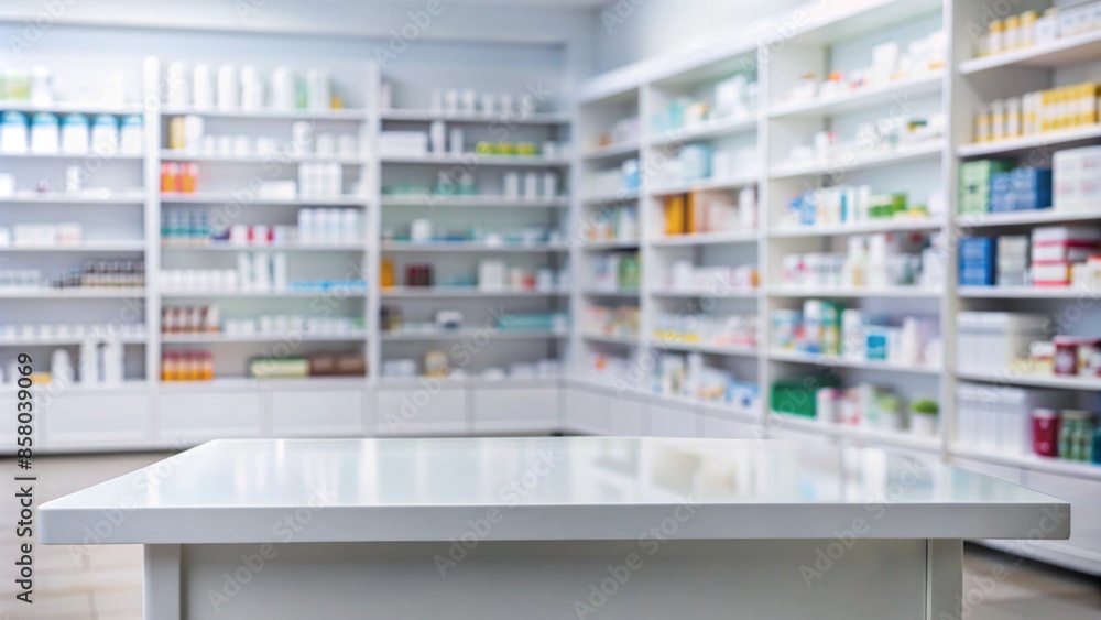 A clean and minimalist empty white table stands out against a blurred pharmacy or medical store background with shelves and products out of focus. A clean and minimalist empty white table stands out against a blurred pharmacy or medical store background with shelves and products out of focus.