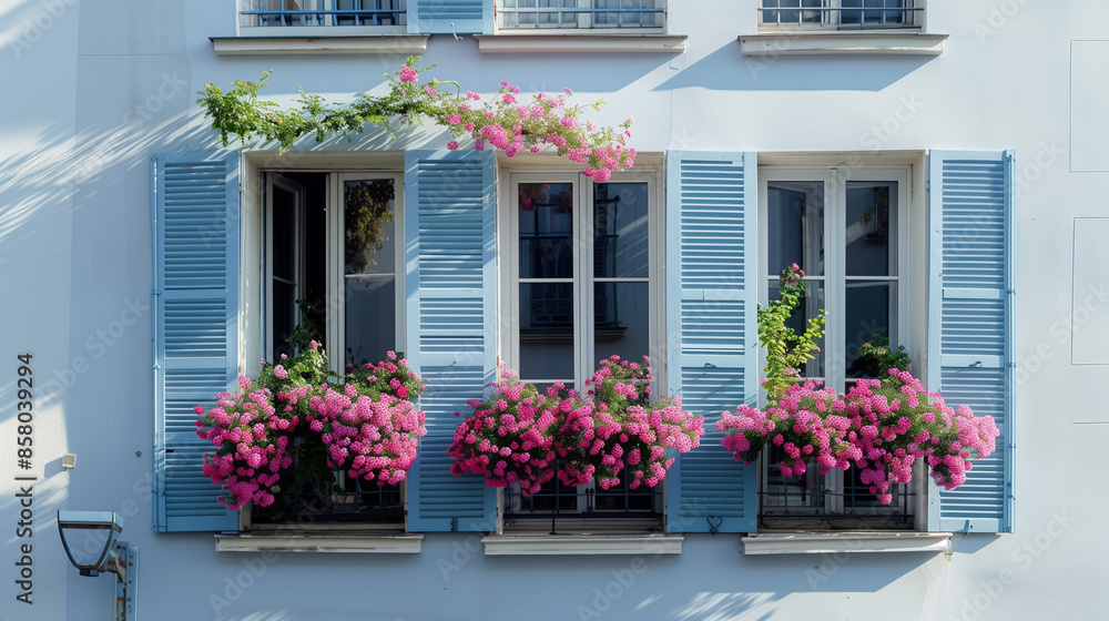 French Riviera. Window with flowers in the garden French Riviera. Window with flowers in the garden