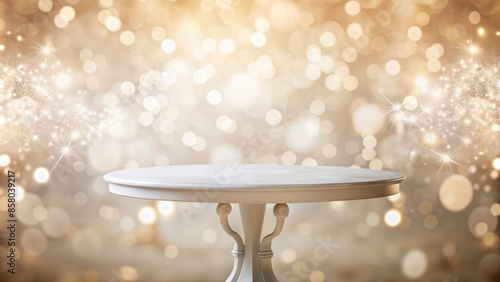 An elegant, minimalist composition featuring a vacant, snow-white table isolated against a soft, creamy, blurred background with gentle, ovular bokeh accents. photo