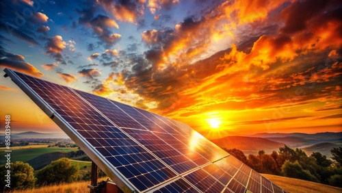 Vibrant orange hues of a serene sunset backdrop a lone solar panel, symbolizing a hopeful future of renewable energy and a reduced carbon footprint. photo