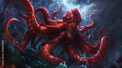 A fierce red kraken, symbolizing strength and authority, stands out against a dark background on the banner. photo