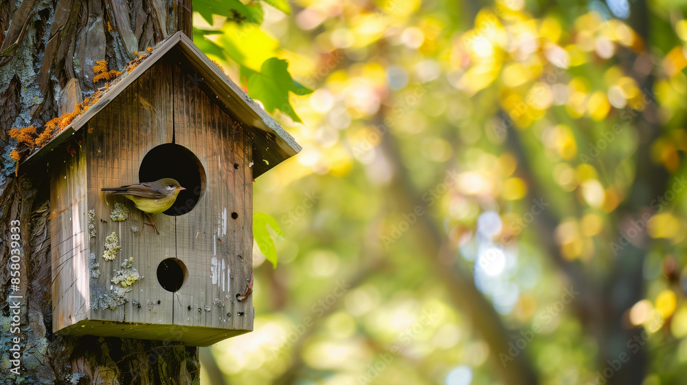 Bird House on Tree in Park / Forest with Bird. Nature, wood, wooden birdhouse, outdoor Bird House on Tree in Park / Forest with Bird. Nature, wood, wooden birdhouse, outdoor