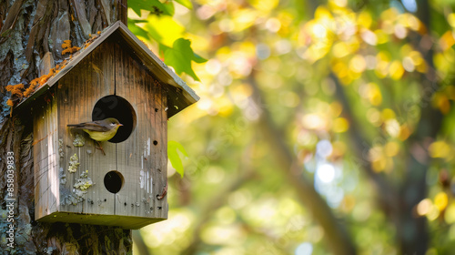 Bird House on Tree in Park / Forest with Bird. Nature, wood, wooden birdhouse, outdoor