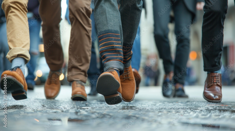 A group of men spot men wearing warn-out socks while walking on a solid surface. A group of men spot men wearing warn-out socks while walking on a solid surface.