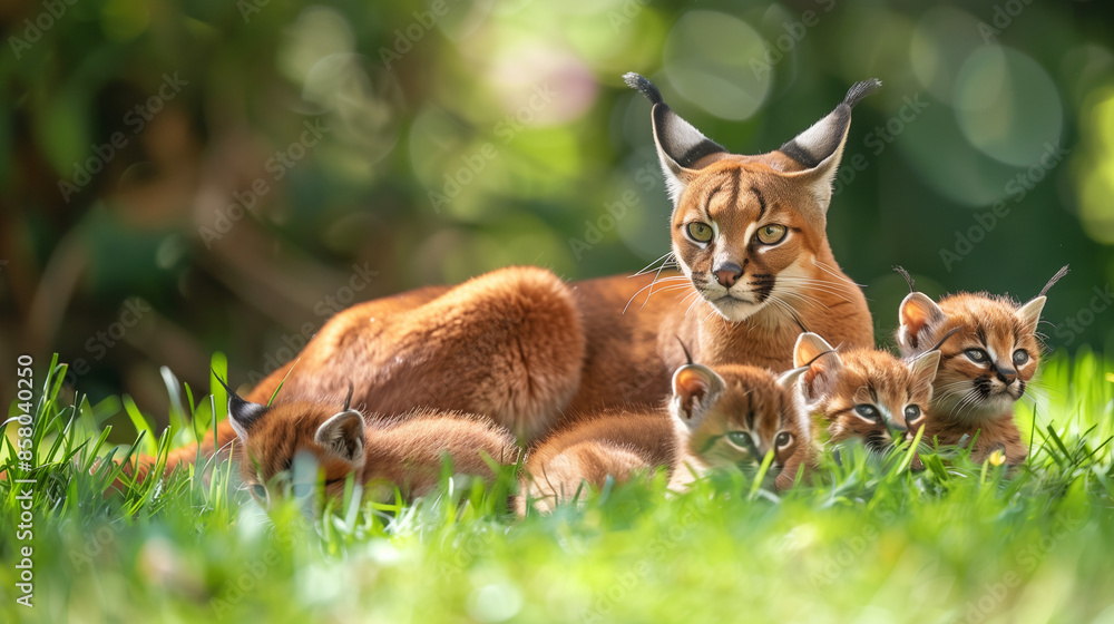 Caracal Female with Kids. Wildcat with kittens. On grass at summer sunny day Caracal Female with Kids. Wildcat with kittens. On grass at summer sunny day