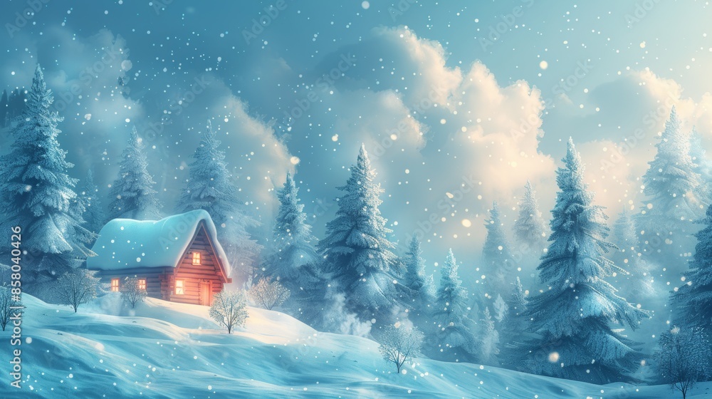 Illustrate a scene from a magical winter wonderland with snow-covered trees and a cozy cabin against a backdrop of icy blue wallpaper. Illustrate a scene from a magical winter wonderland with snow-covered trees and a cozy cabin against a backdrop of icy blue wallpaper.