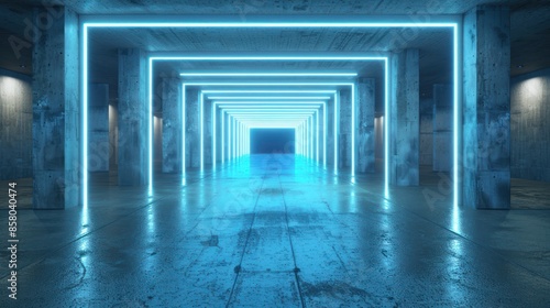 A long empty room with blue lights on the ceiling