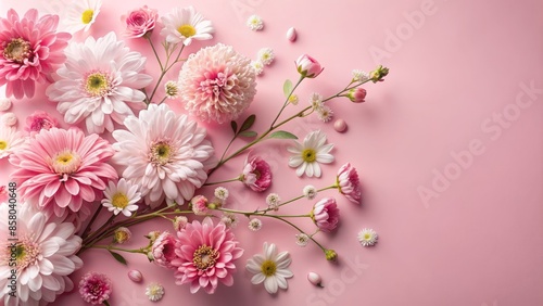 Delicate arrangement of daisies, chrysanthemums, and cherry blossoms in soft pink hues on a seamless pastel pink background, ideal for text overlay.
