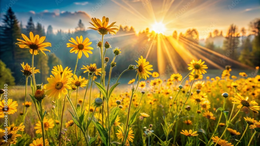 Φωτογραφία Vibrant yellow wildflowers sway gently in the breeze as sunbeams filter through the morning haze, casting a warm glow on a serene summer landscape