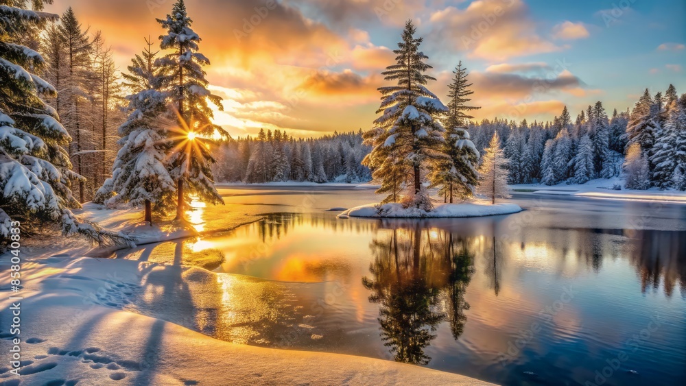 Serene winter landscape featuring a frozen lake's tranquil atmosphere, surrounded by snow-covered evergreen trees, with subtle sunlight casting a warm orange glow across the icy surface. Serene winter landscape featuring a frozen lake's tranquil atmosphere, surrounded by snow-covered evergreen trees, with subtle sunlight casting a warm orange glow across the icy surface.