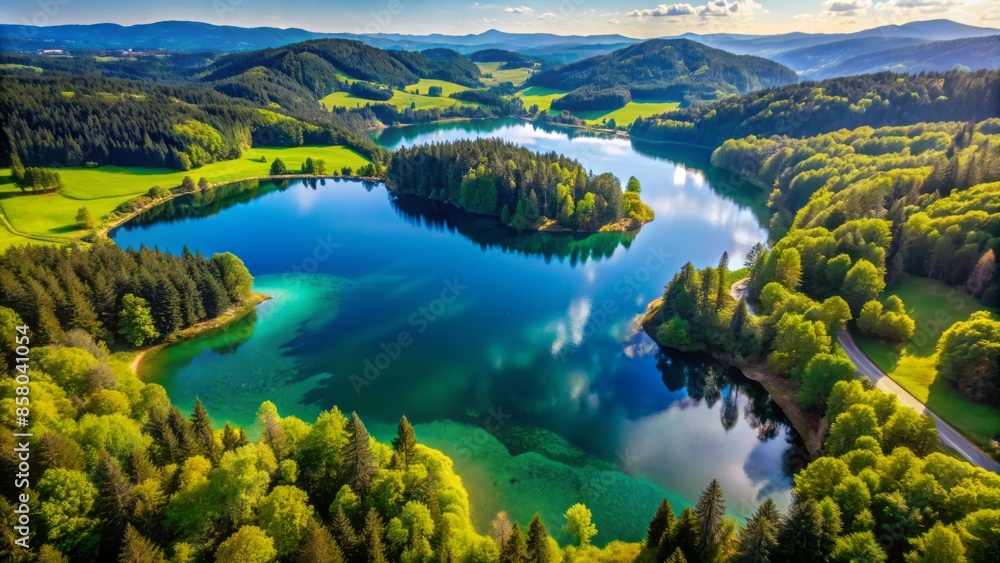 Breathtaking aerial view of a crystal-clear lake surrounded by vibrant green forests and rolling hills, evoking a sense of tranquility and natural beauty. Breathtaking aerial view of a crystal-clear lake surrounded by vibrant green forests and rolling hills, evoking a sense of tranquility and natural beauty.