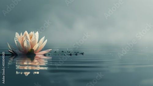 zen lotus design, a serene image of a lotus flower atop calm waters evoking peace and tranquility in a minimalist botanical design