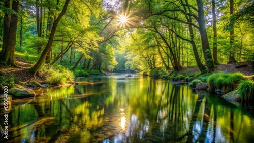 Serenene creek nestled between lush woodland, sunlight filtering through dense foliage, calm water reflecting vibrant greenery, creating a peaceful atmosphere of seclusion and tranquility. photo