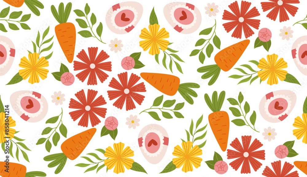 Seamless spring pattern with flowers, carrots, and eggs packaging, and festive decorations Seamless spring pattern with flowers, carrots, and eggs packaging, and festive decorations