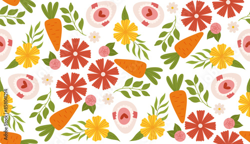 Seamless spring pattern with flowers, carrots, and eggs packaging, and festive decorations