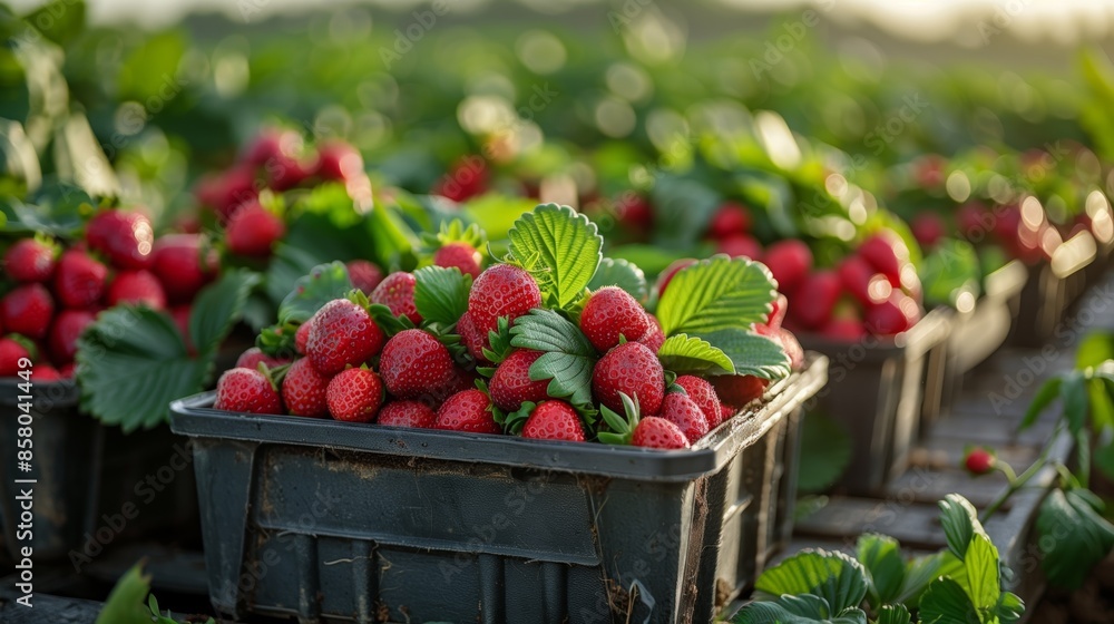 A vibrant close-up shot of ripe red strawberries with green leaves packed in a black plastic container. A vibrant close-up shot of ripe red strawberries with green leaves packed in a black plastic container.
